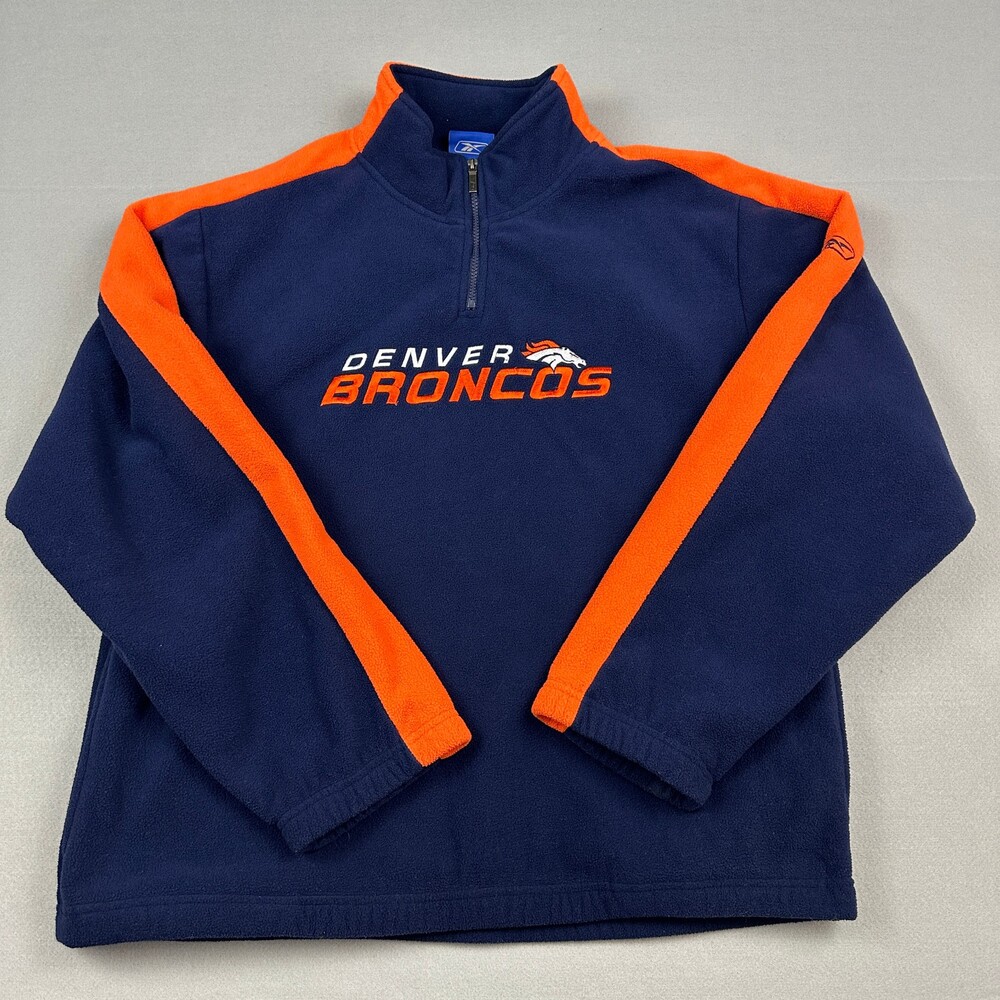 Denver Broncos Jacket Men Large Blue Orange Reebok 1/4 Zip Fleece Pullover L